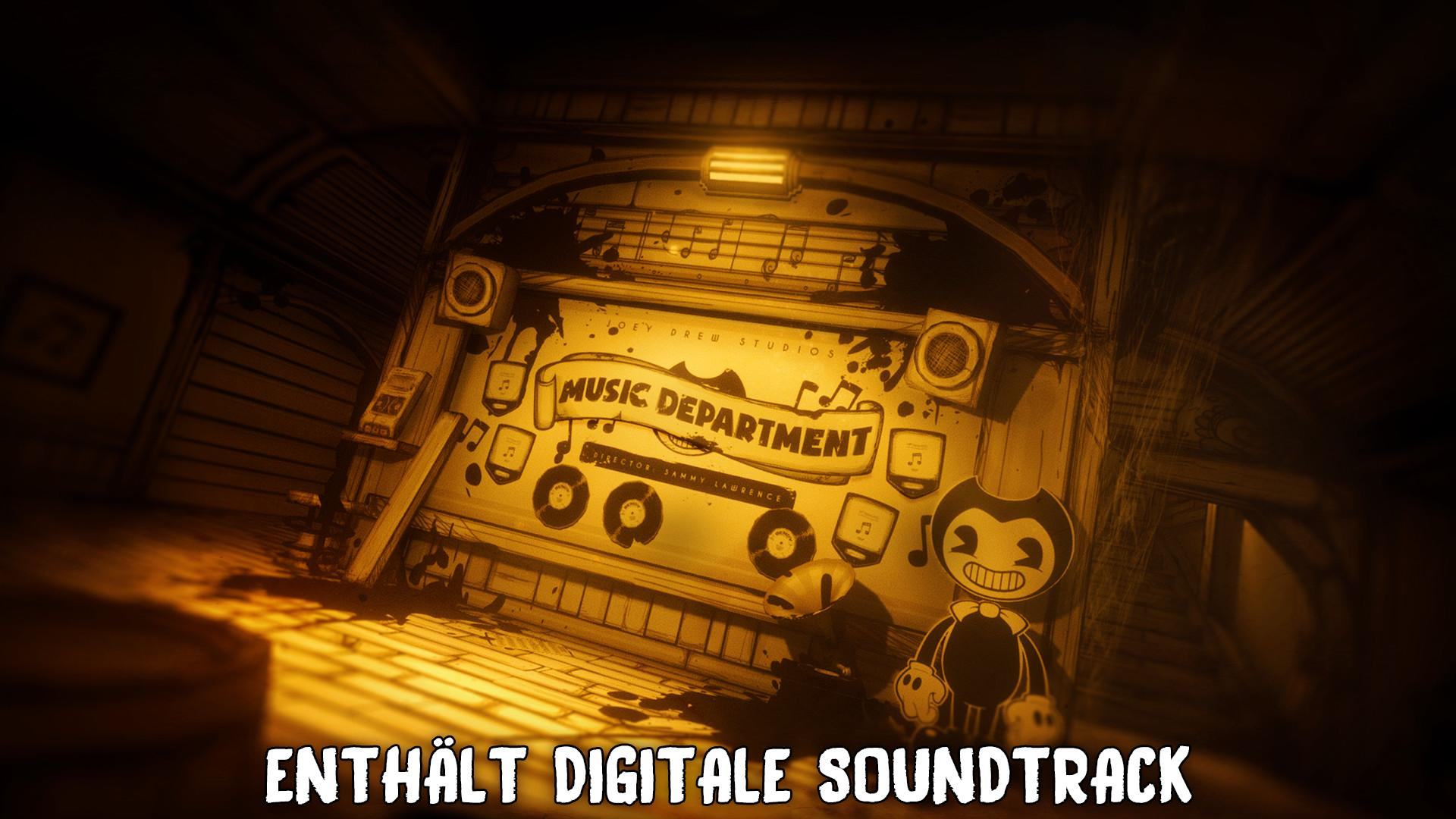 Das Bild zeigt ein 'Music Department'-Schild mit Cartoon-Figur. Darunter steht 'Enthält digitale soundtrack'.