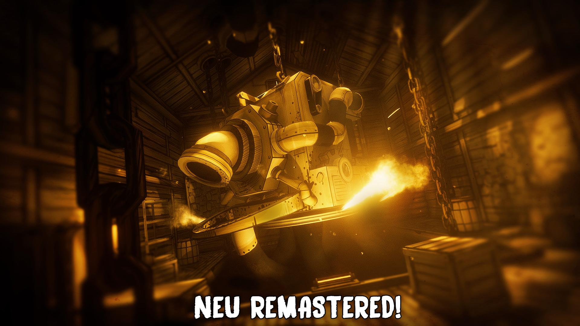Eine Maschine mit Rohren und Düsen, die in einem dunklen Raum hängt. Text: 'NEU REMASTERED!'. Rauch tritt aus.