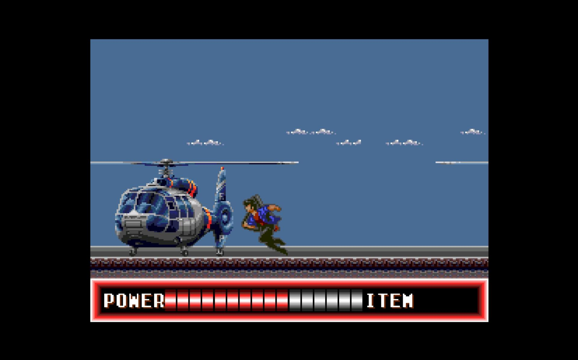 Eine pixelige Videospielszenen zeigt einen Hubschrauber, eine rennende Figur und eine Energie-/Gegenstandsleiste. Der Himmel ist blau mit Wolken.