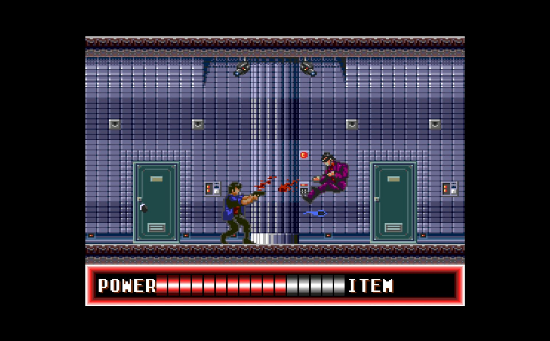 Eine pixelige Action-Spielszene. Ein Mann in Schwarz schießt auf einen Mann in lila Anzug, der sich in der Luft befindet. Der Hintergrund ist eine geflieste Wand.