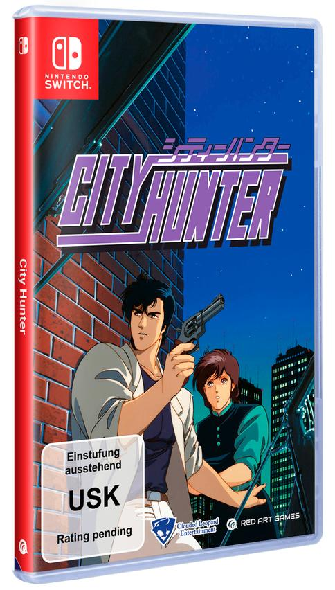 City Hunter-Spielcover. Ein Mann hält eine Waffe, und eine Frau steht vor einer Nachtstadt. Das Spiel ist für Nintendo Switch.