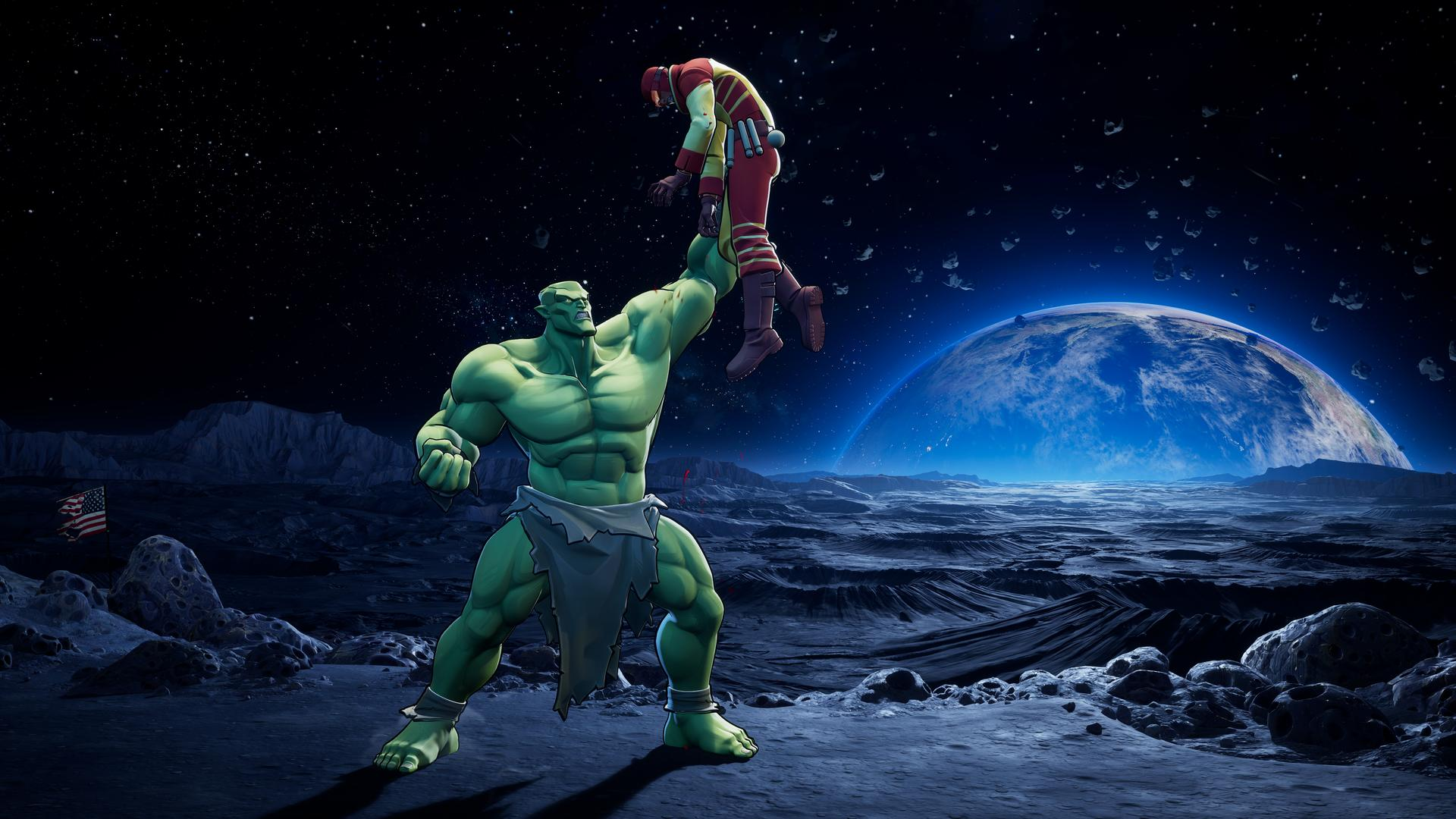 Der Hulk hält Iron Man im Weltraum. Erde und Sterne im Hintergrund. Eine amerikanische Flagge auf dem Mond.