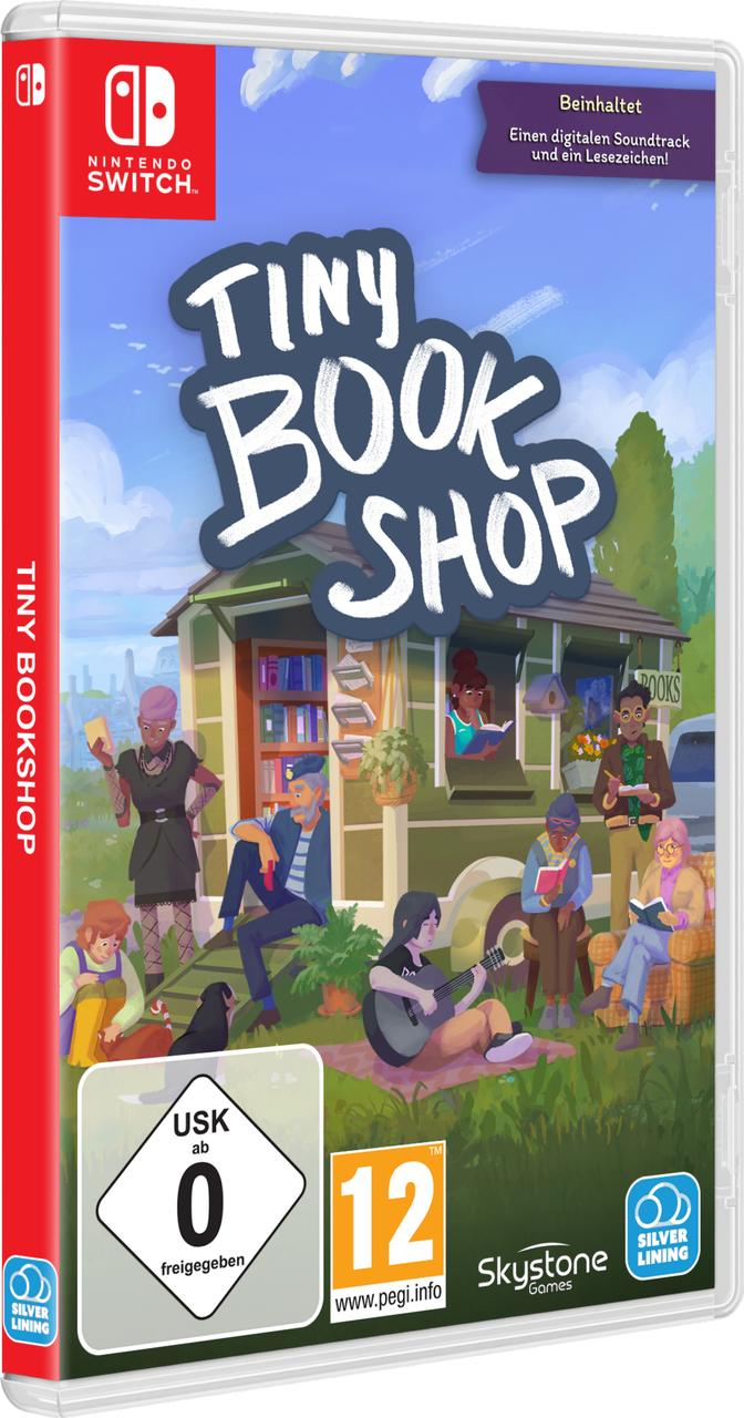 Spiel-Box-Art für "Tiny Book Shop" auf der Nintendo Switch. Es zeigt Charaktere in einem Buchladen und das Logo des Spiels.