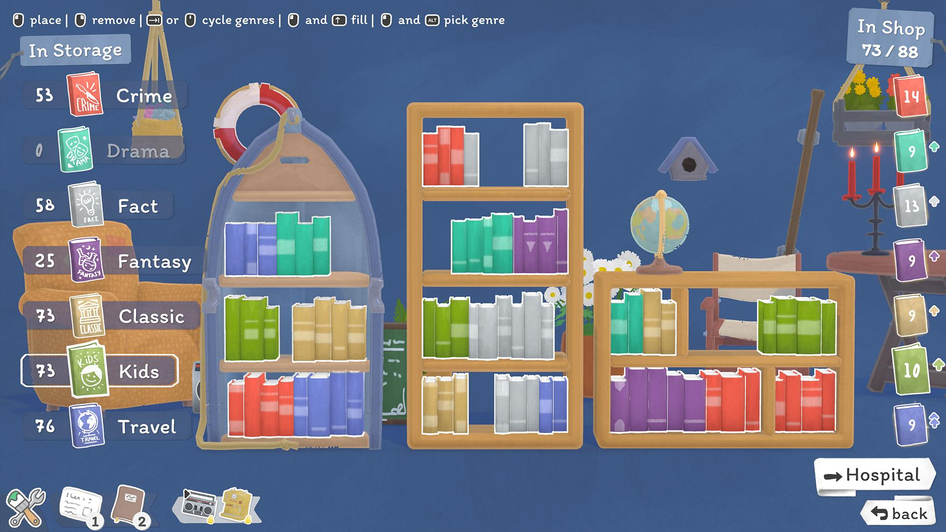 Ein Spiel-Interface mit Bücherregalen, Büchern verschiedener Genres, einem Shop-Inventar und einem Menü auf blauem Grund.