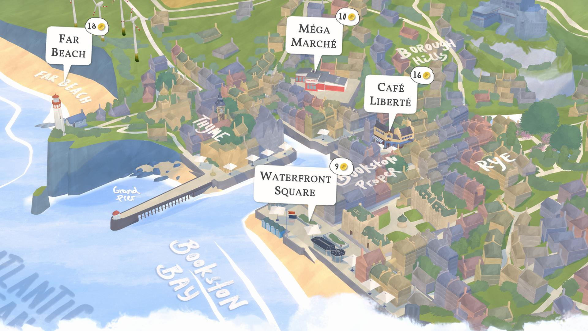 Eine Karte mit Orten wie Far Beach, Waterfront Square und Borough Hills wird mit Beschriftungen dargestellt.