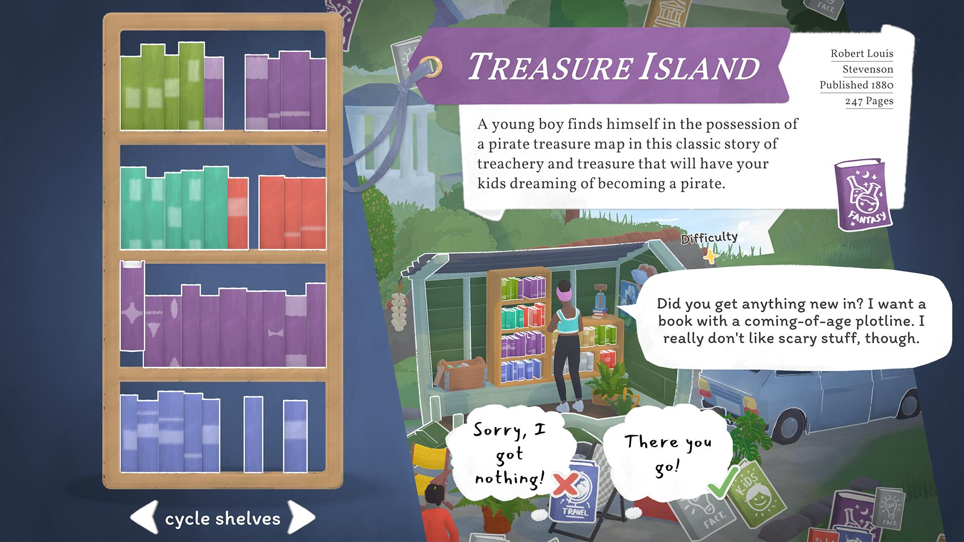 Eine Szene aus einem Spiel mit einem Bücherregal und dem Buch 'Treasure Island'. Eine Person wählt ein Buch aus. Sprechblasen sind vorhanden.