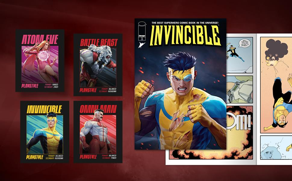 Comic-Buch-Cover und Panels aus 'Invincible'. Zu den Charakteren gehören Atom Eve, Battle Beast und Invincible. Das Cover von Invincible wird hervorgehoben.