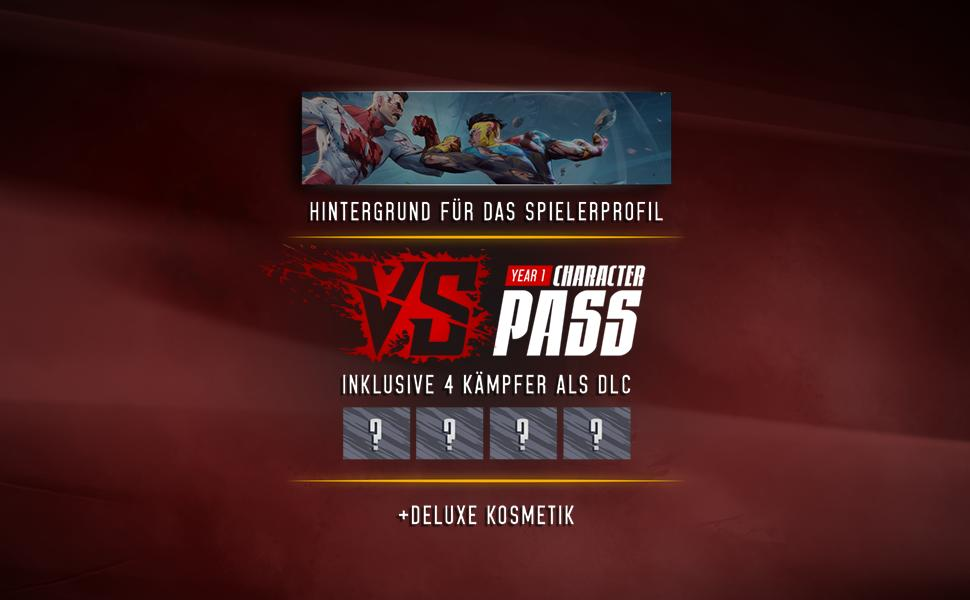 Das Bild zeigt ein Kampfspielthema. Es zeigt das "VS"-Logo, den "Year 1 Character Pass" und enthält 4 DLC-Kämpfer.