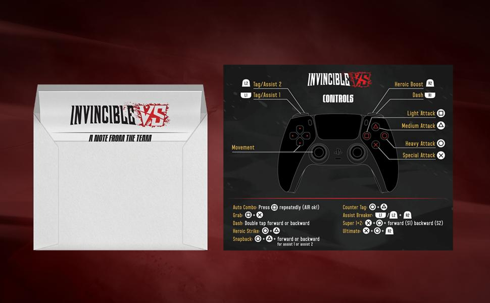 Das Bild zeigt Invincible VS-Spielsteuerungen mit einem Controller-Diagramm und beschriebenen Tastenaktionen.