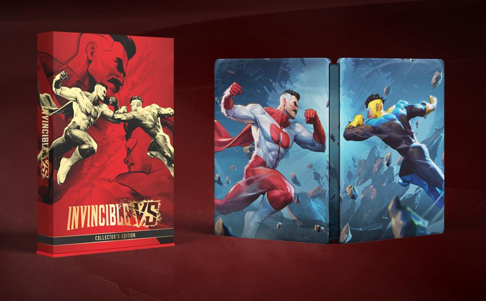 Invincible vs. Collector's Edition. Box zeigt zwei kämpfende Helden. Steelbook-Kunst zeigt Invincible in Aktion.