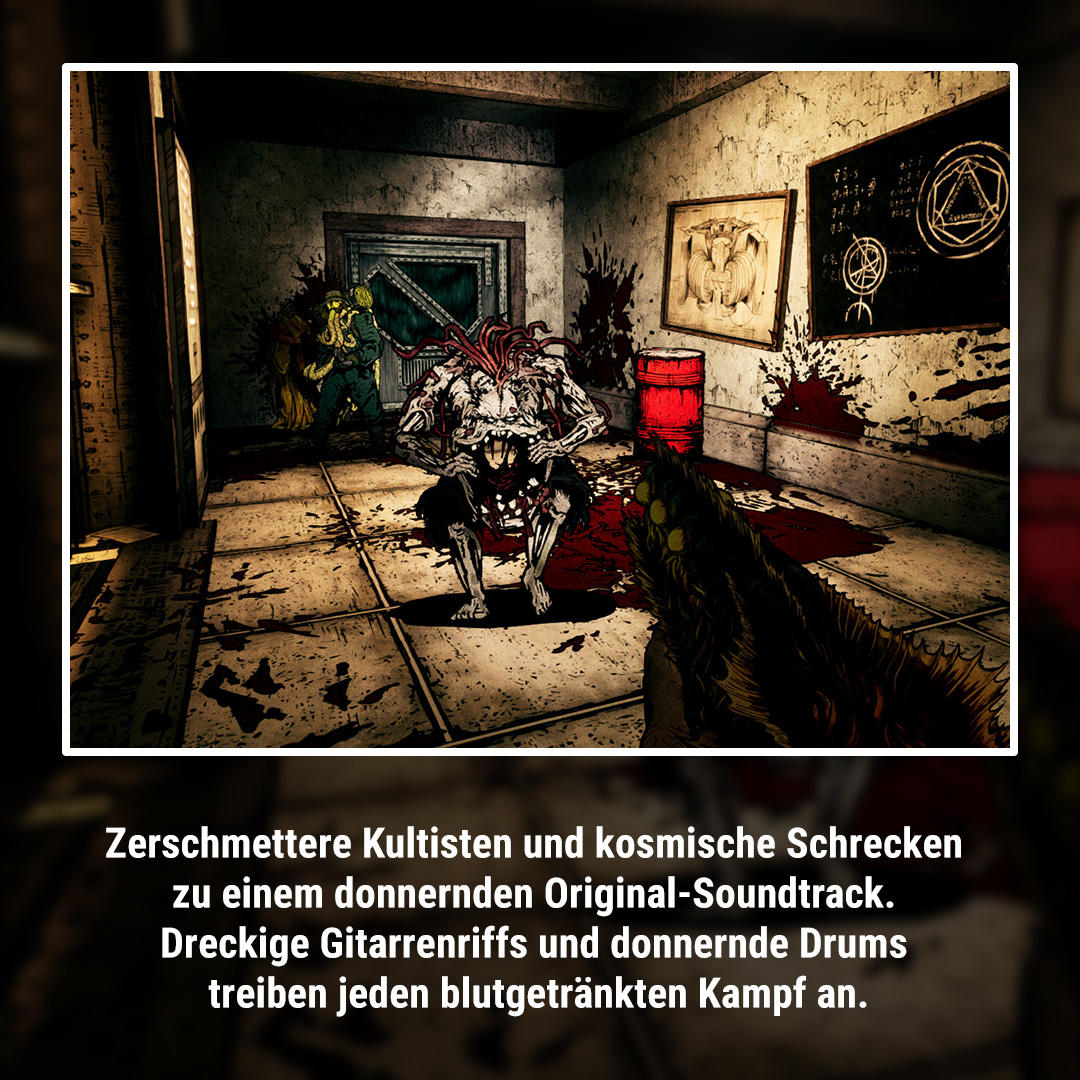 Ein Monster mit großem Mund und roten Tentakeln sitzt in einem blutbespritzten Raum. Andere Figuren sind im Hintergrund.