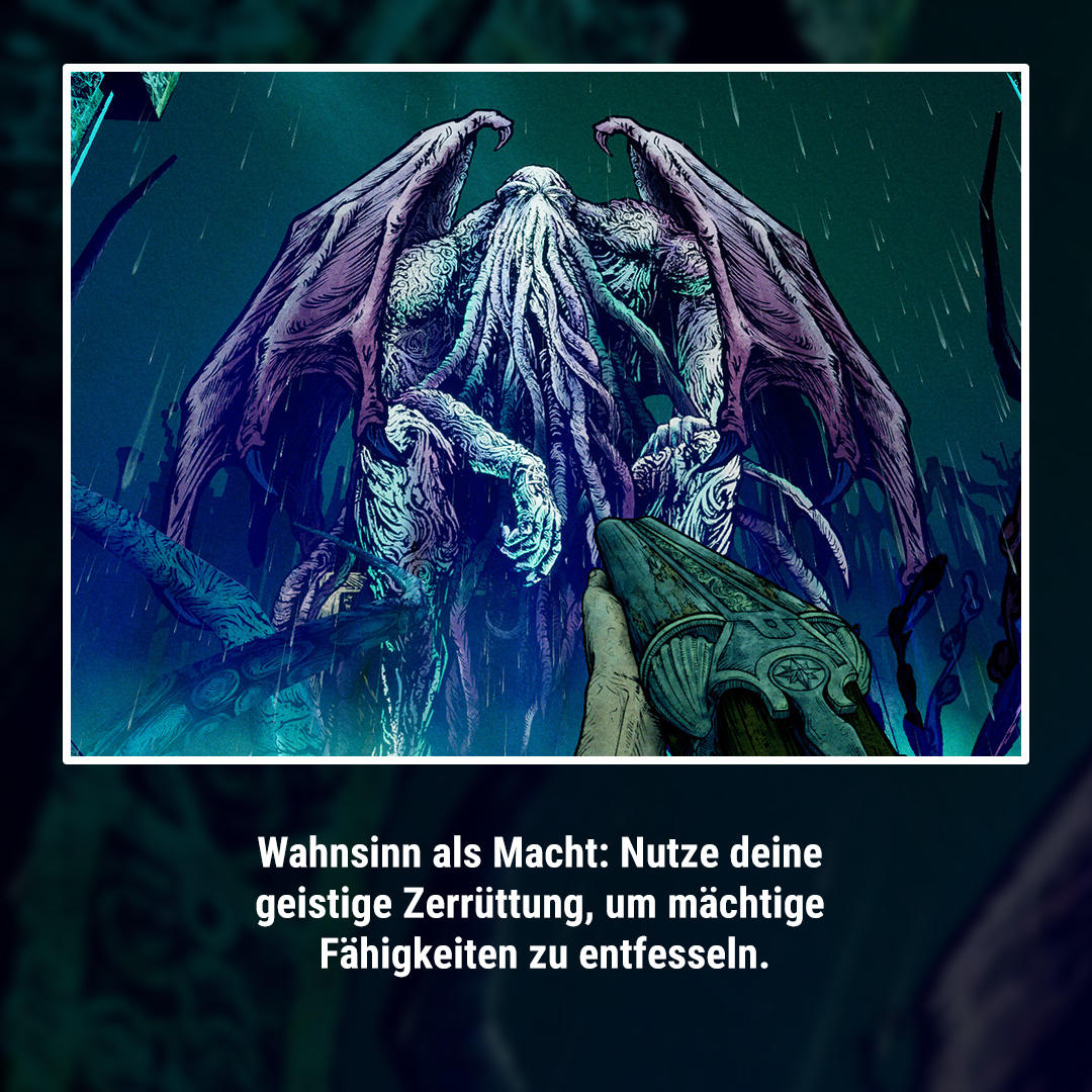 Illustration einer geflügelten Kreatur mit Tentakeln, vor einer Hand, die eine Waffe hält. Der Hintergrund ist dunkel, mit Regen.
