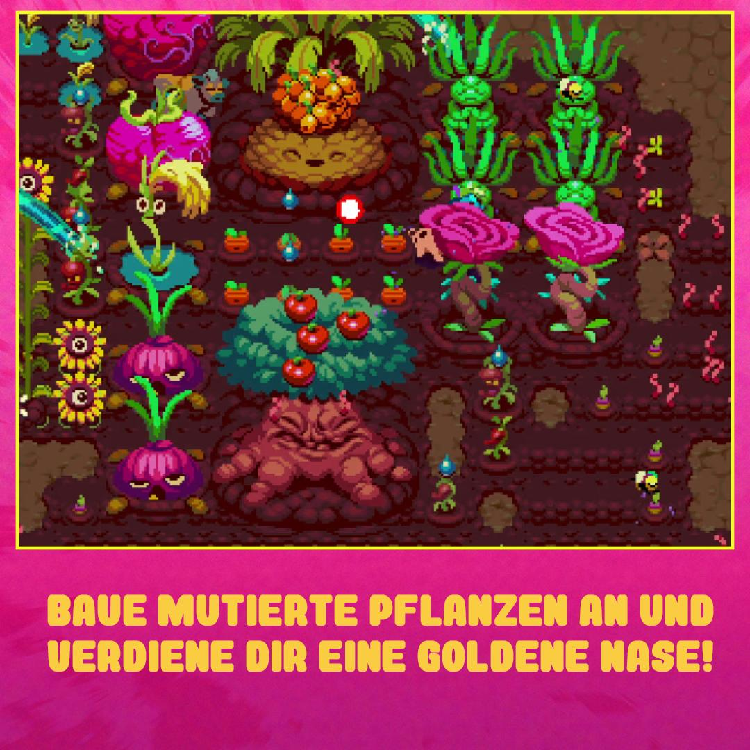 Pixeliger Garten mit verschiedenen mutierten Pflanzen. Enthält rosa Rosen, grüne Sprossen und rotfruchtige Büsche. Dunkelbrauner Boden.
