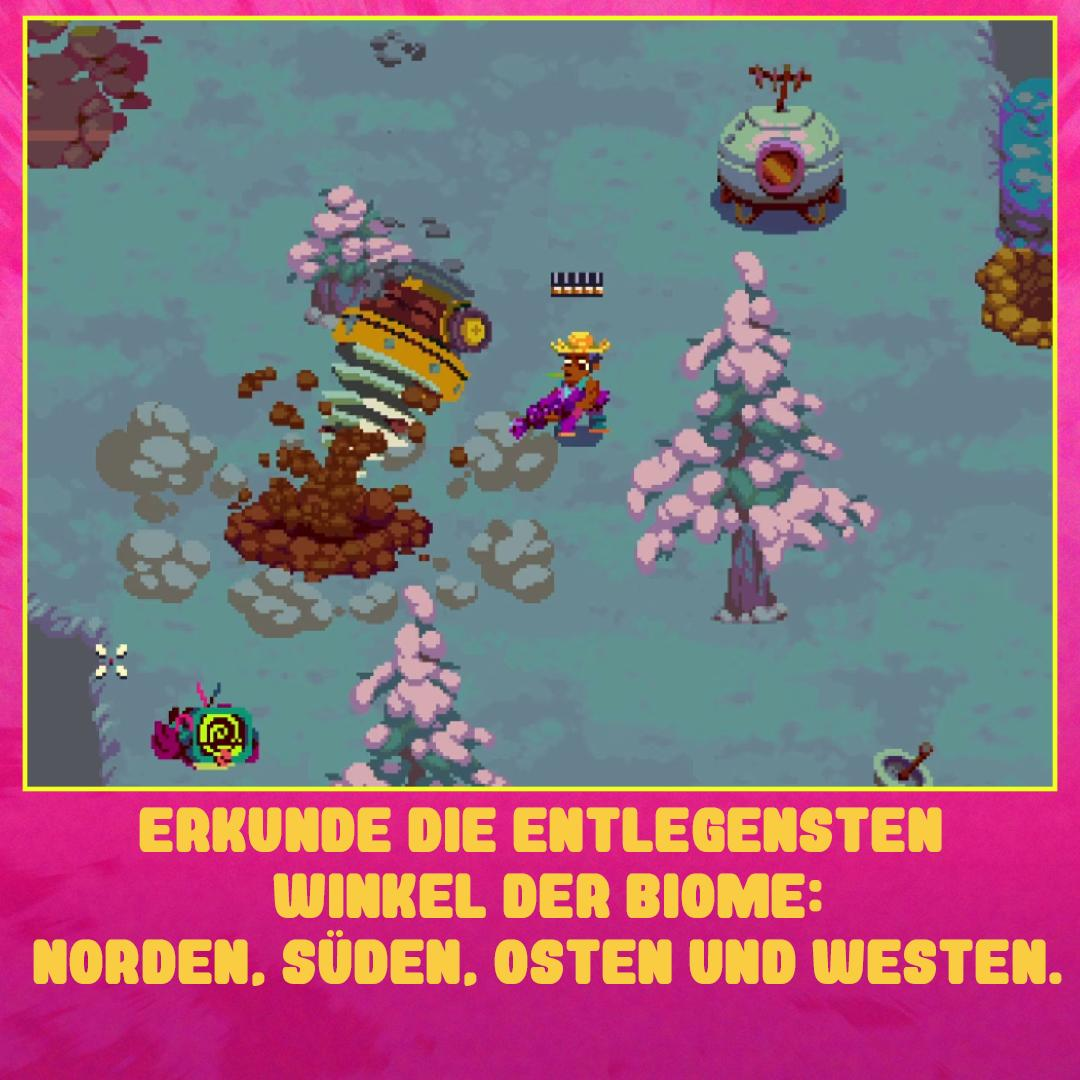 Eine pixelige Spielszene. Ein Charakter schießt, ein Fahrzeug ist beschädigt, ein Gebäude ist im Hintergrund, und unten steht Text.
