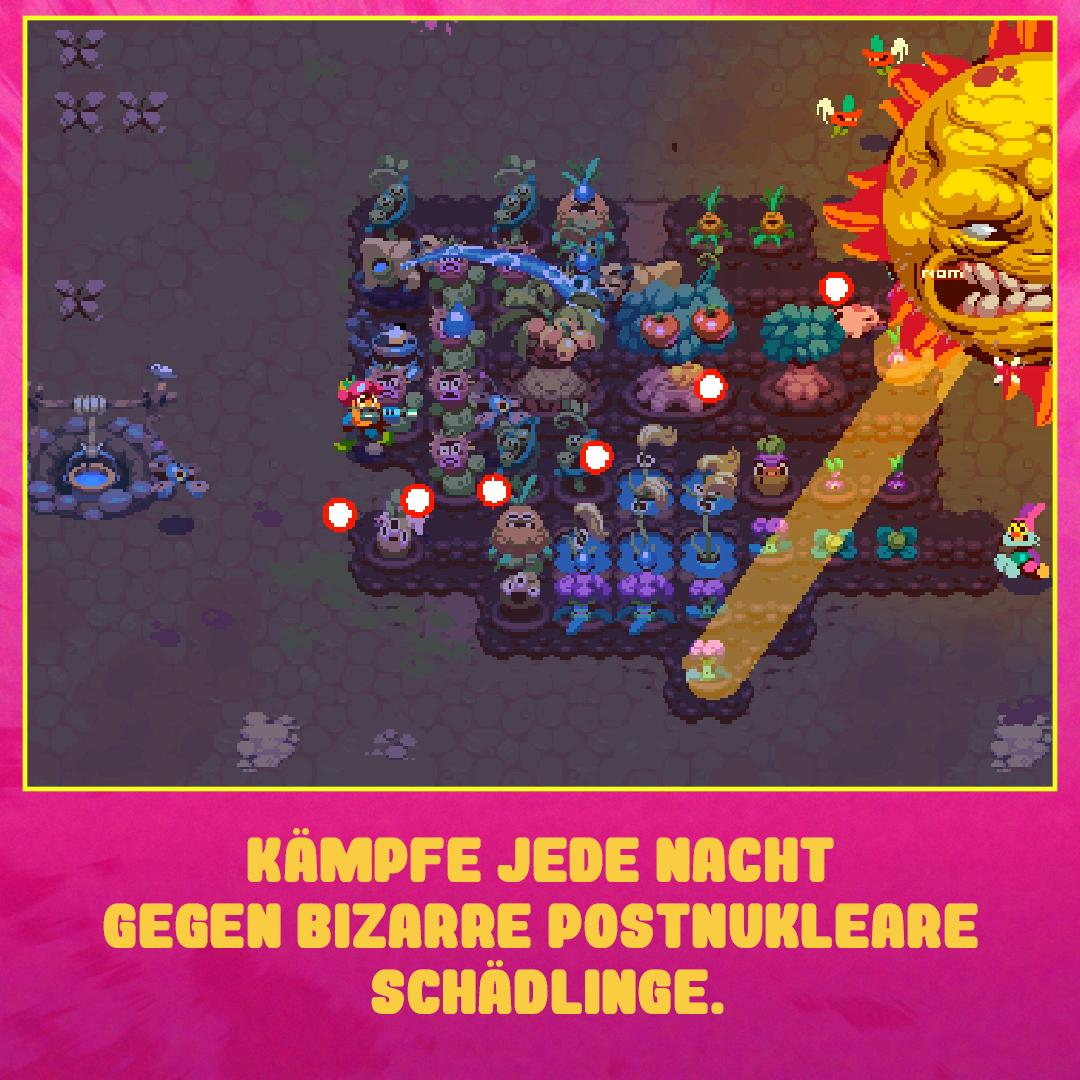 Pixelige Szene mit Monstern, sonnenähnlichem Charakter und deutschem Text: Kämpfe jede Nacht gegen bizarre postnukleare Schädlinge.