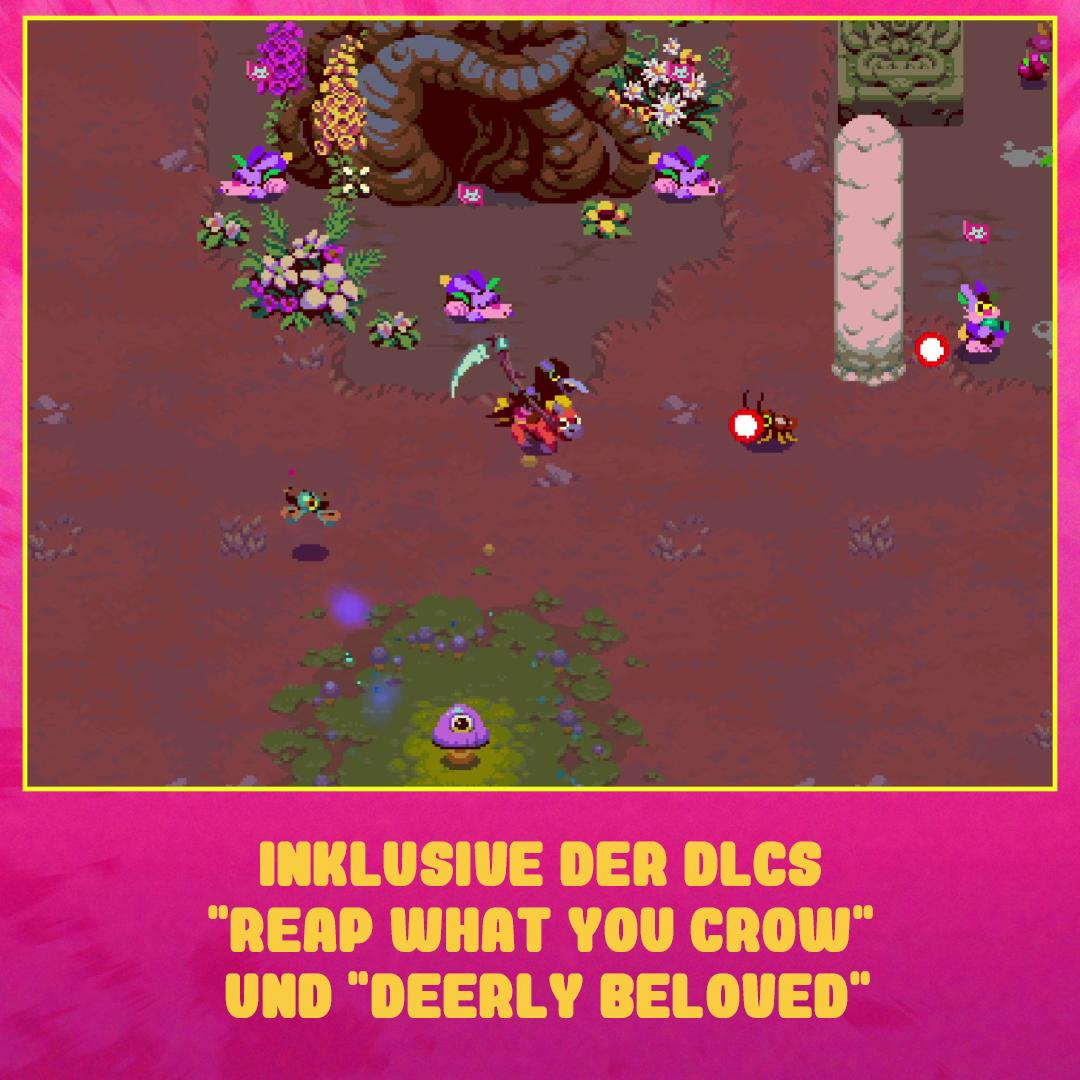 Draufsicht auf eine pixelige Spielszene mit Charakteren, Pflanzen und Strukturen. Der Text unten lautet: "INKLUSIVE DER DLCS REAP WHAT YOU CROW".