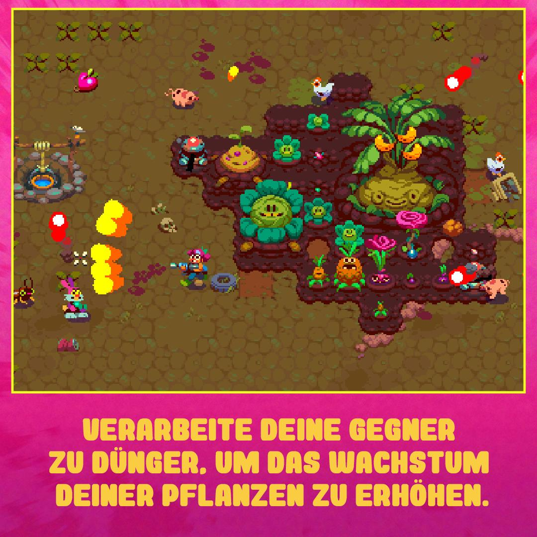 Pixelige Spielszene. Eine Figur mit einer Waffe steht in der Nähe von Pflanzen. Der Text lautet: Verarbeite deine Gegner zu Dünger.