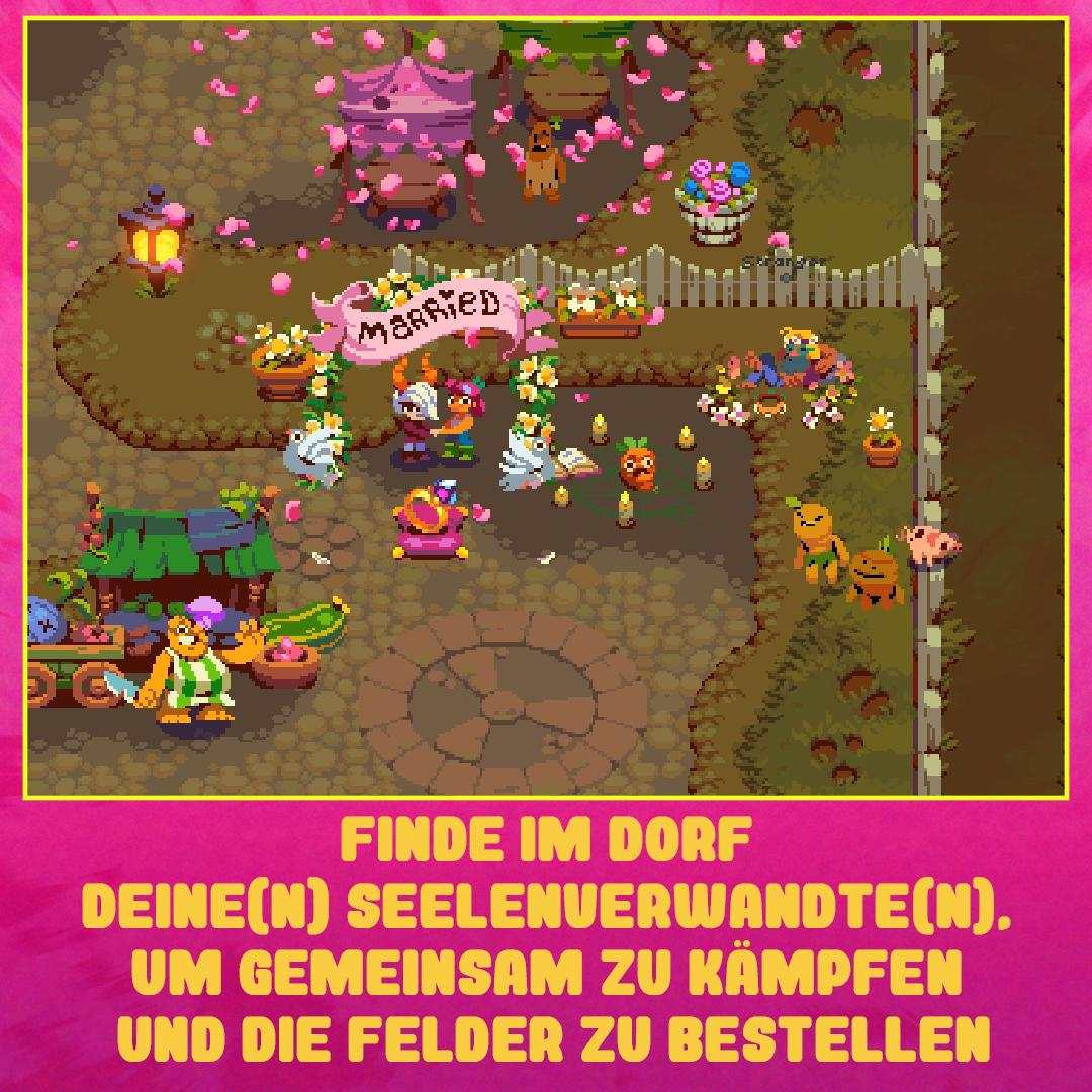 Pixelkunst-Szene mit einem 'verheiratet'-Banner. Charaktere, Tiere und Objekte sind auf einem Pfad verstreut. Text unten.