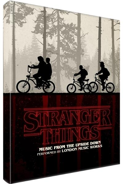 Silhouetten von Leuten, die im Wald Fahrrad fahren, mit dem Stranger Things Logo darunter. Musik aus der Unterseite.