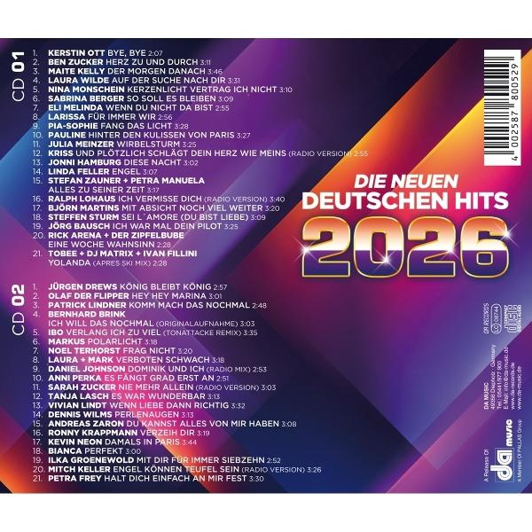 CD-Cover. Titel: Die Neuen Deutschen Hits 2026. Enthält eine Liste von Songtiteln und Künstlern.