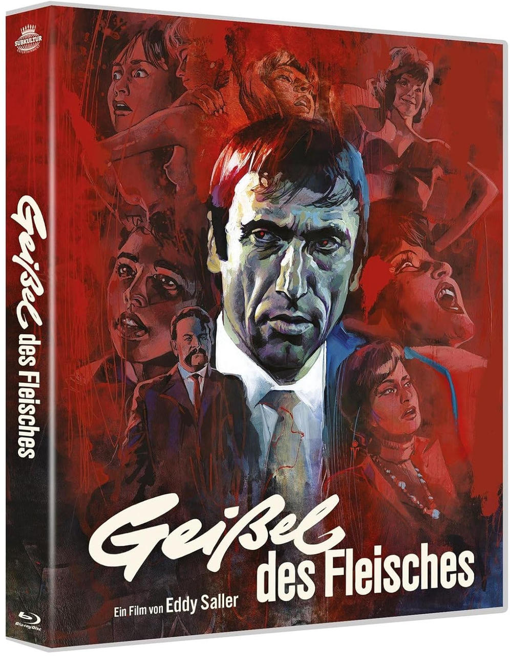 Filmcover mit einem Mann im Zentrum, umgeben von verängstigten Gesichtern. Titel: Geißel des Fleisches. Roter Hintergrund. Blu-ray-Label.