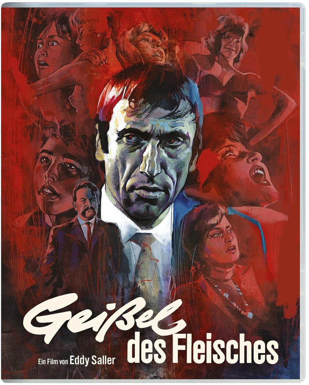 Filmplakat mit einem Mann im Zentrum, umgeben von verstörten Gesichtern. Der Titel 'Geißel des Fleisches' steht unten.