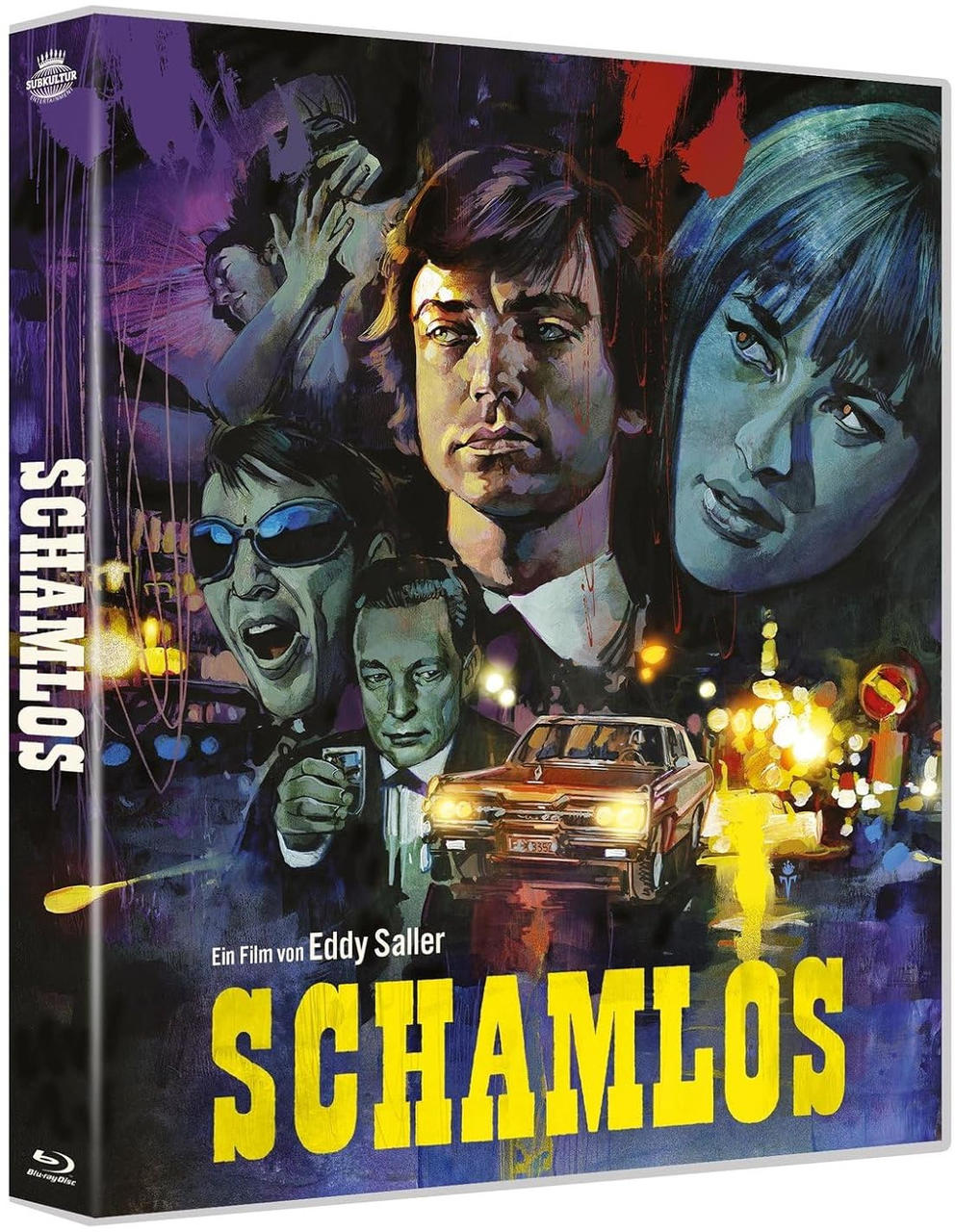 Filmposter für 'Schamlos' zeigt Schauspielerporträts, ein Auto und den Titel in Gelb. Dunkle, düstere Farbpalette.
