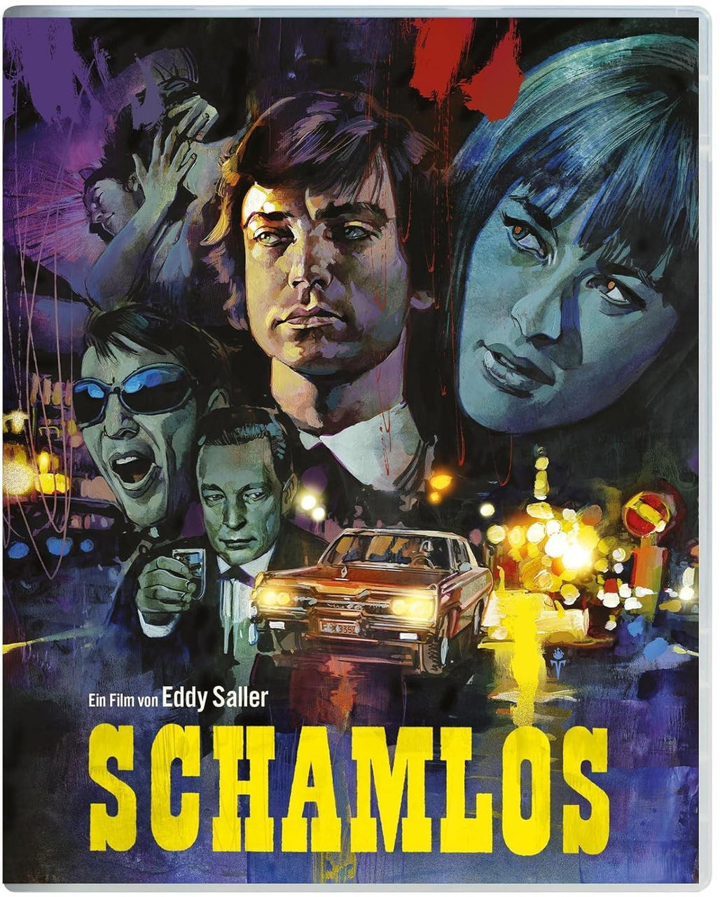 Poster für den Film 'Schamlos' mit Gesichtern von Personen, einem Auto und dem Titel in Gelb. Das Poster hat einen dunklen, dramatischen Ton.