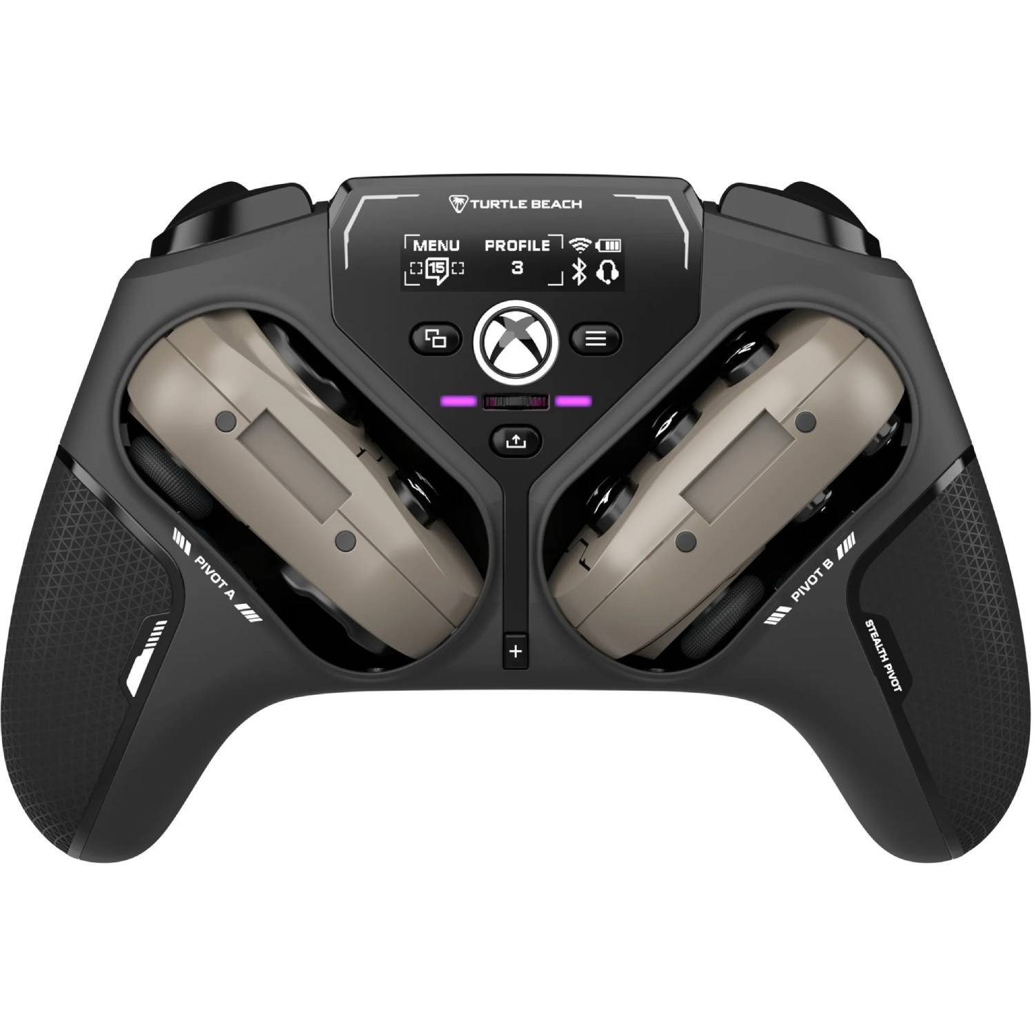 Mando Xbox Turtle Beach negro. Cuenta con botones, un logo Xbox y dos módulos extraíbles dentro de un marco gris.