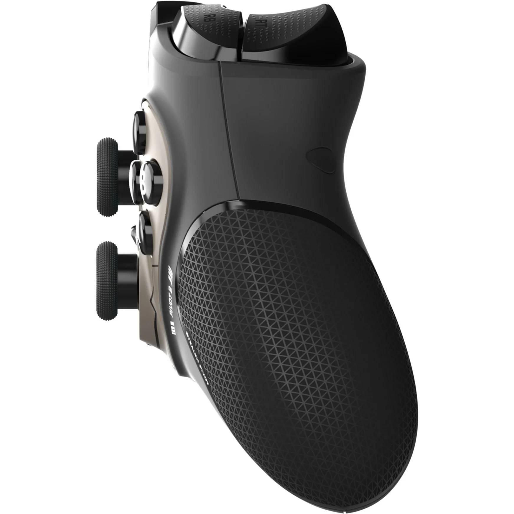 Un mando de juego negro y gris con agarres, botones y gatillos texturizados. El diseño es ergonómico y moderno.