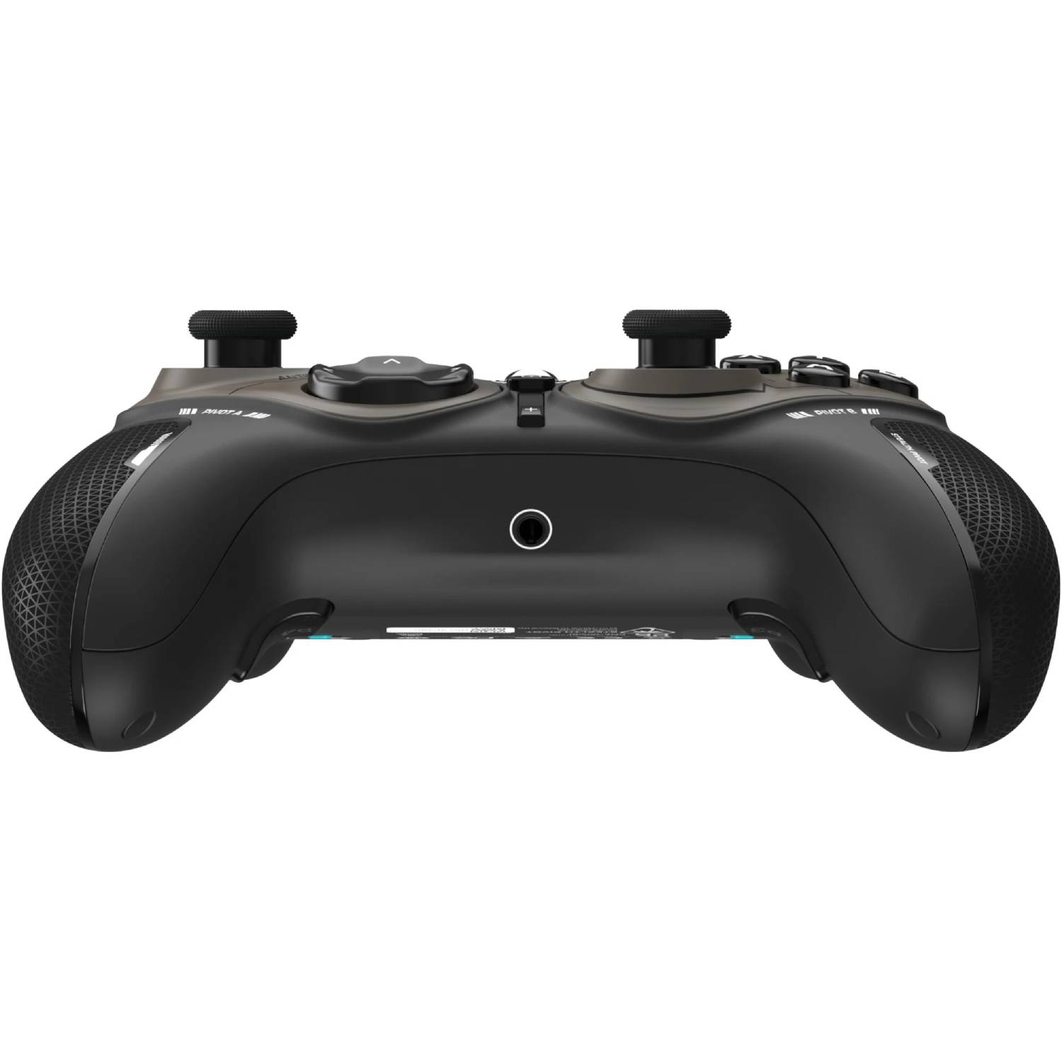Controlador de juegos negro y gris sobre fondo blanco. Presenta botones, palancas y agarres. La parte inferior tiene un puerto circular.
