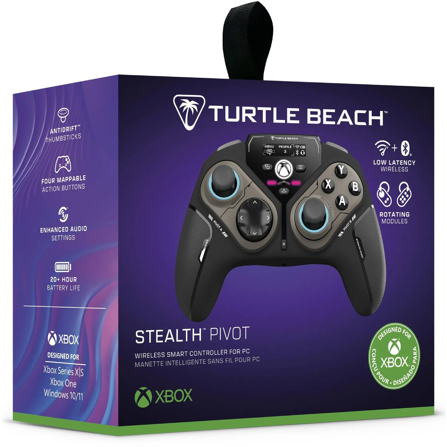 Caja para un controlador inteligente inalámbrico Stealth Pivot. Tiene una imagen del controlador, el logotipo de Turtle Beach, el logotipo de Xbox y las características.