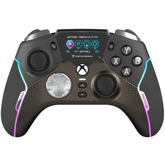 Un mando de Xbox, negro y gris, con botones y una pantalla. Tiene un logo de Turtle Beach y luces LED.