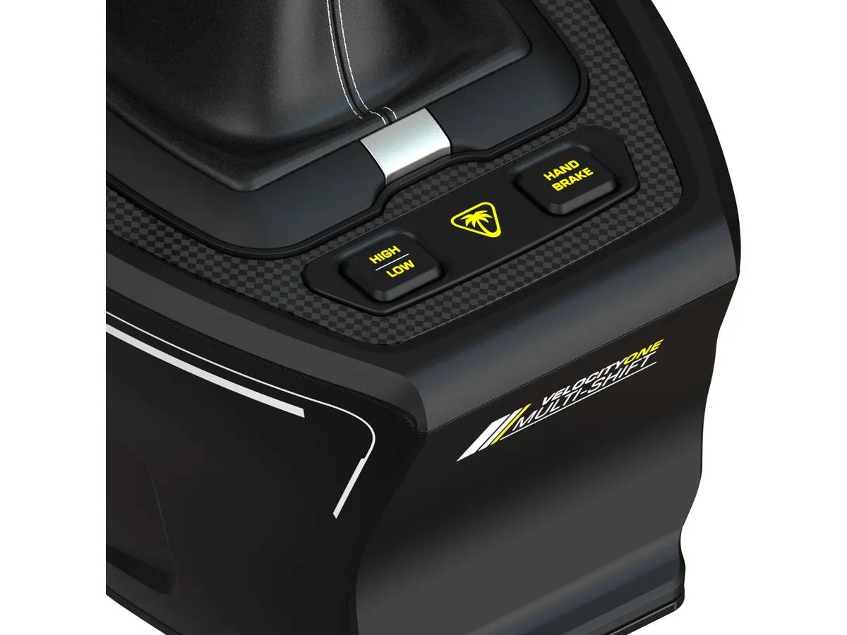 Dispositivo de juego negro con botones 'High/Low' y 'Hand Brake'. Logotipo de palmera. Impreso 'VelocityOne Multi-Shift'.