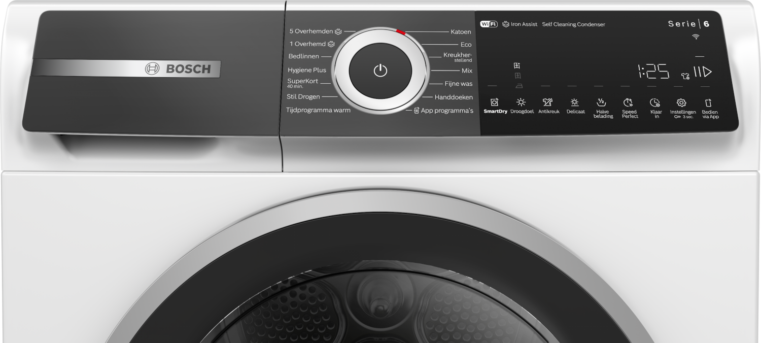 A white Bosch dryer with a control panel showing various drying options and a digital display.