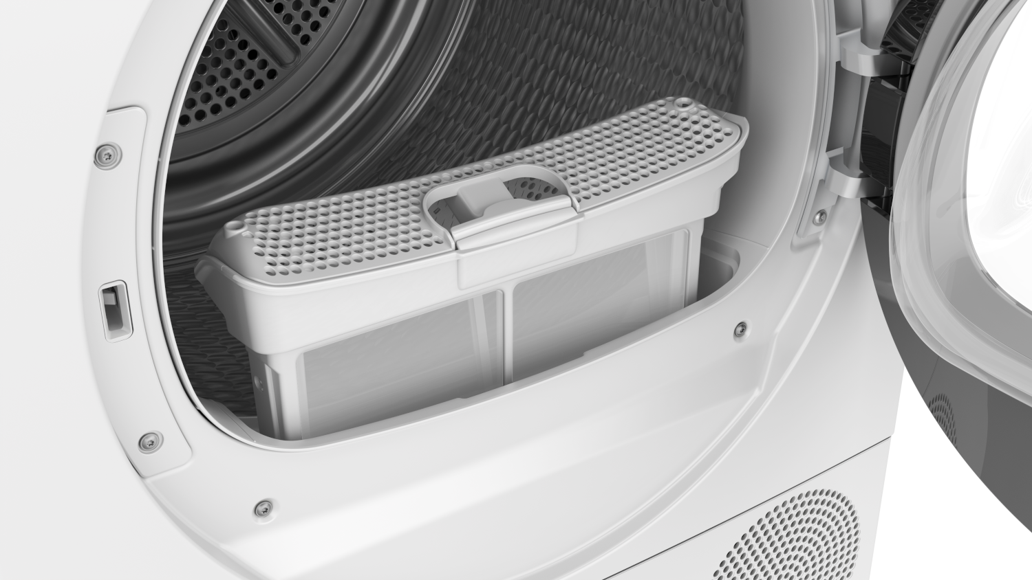 Open dryer door with a white filter in the machine. Filter is white with many holes. Machine is white.