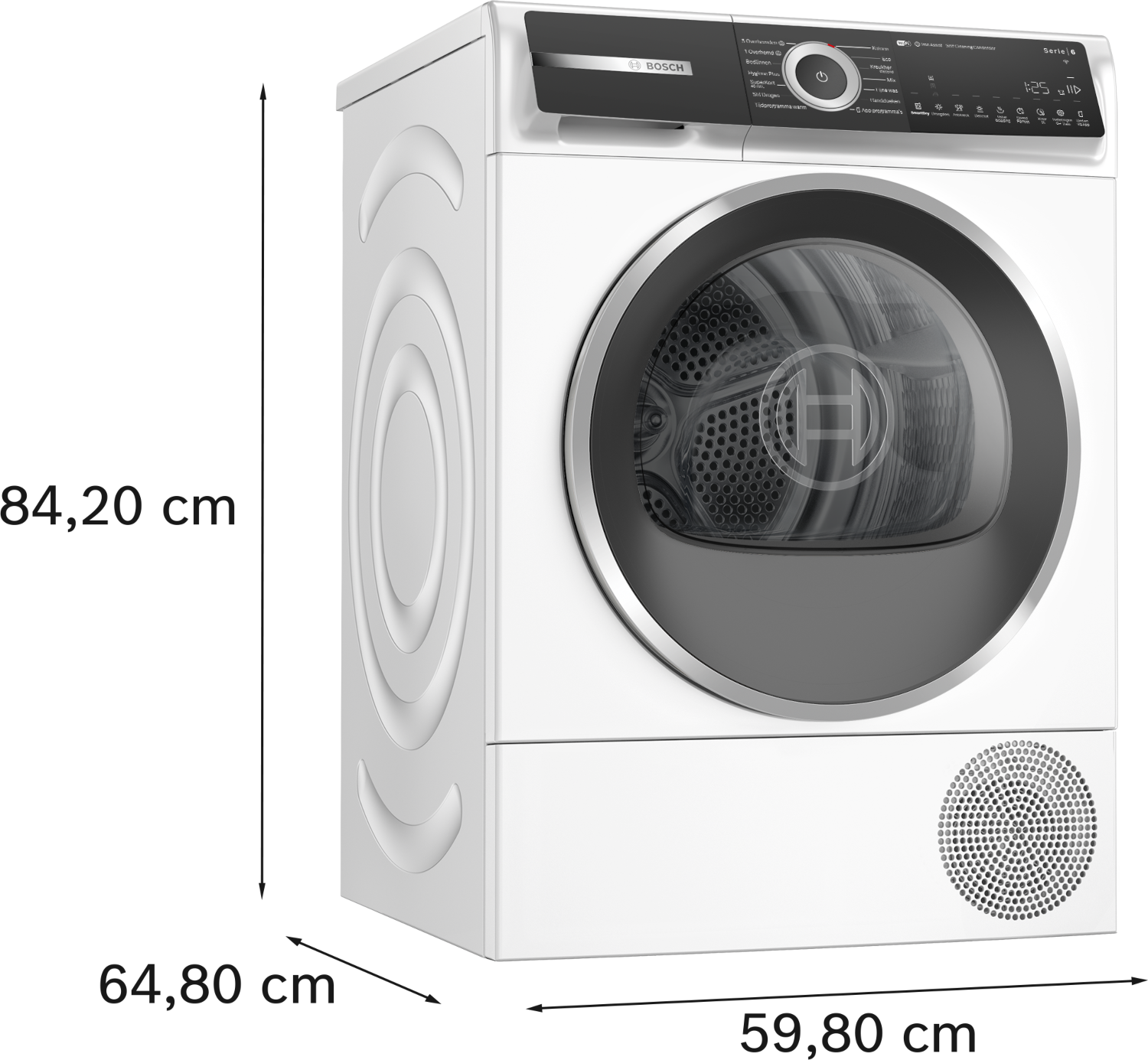 A white Bosch Serie 6 dryer. It has a round black door, a control panel, and a digital display showing the time remaining.