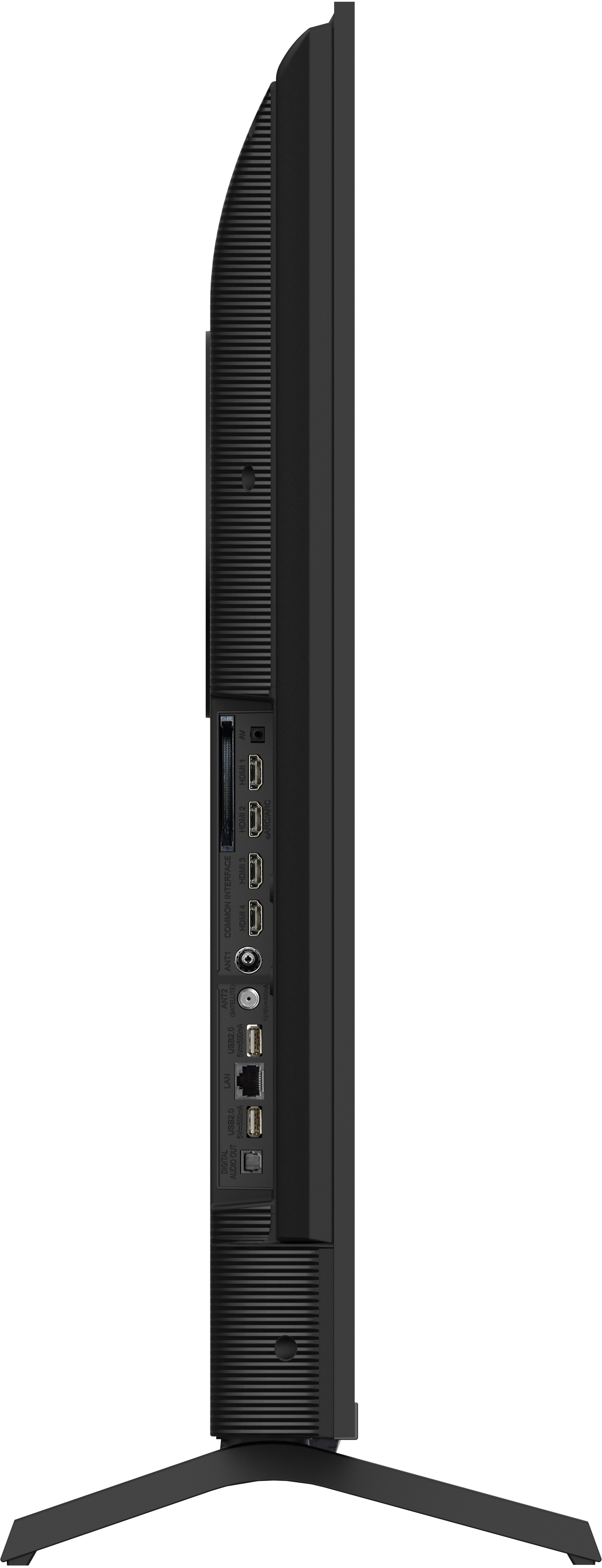 Seitenansicht eines schwarzen Monitors. Sichtbar sind Anschlüsse für HDMI, USB, LAN und Antenne sowie ein Ständer.