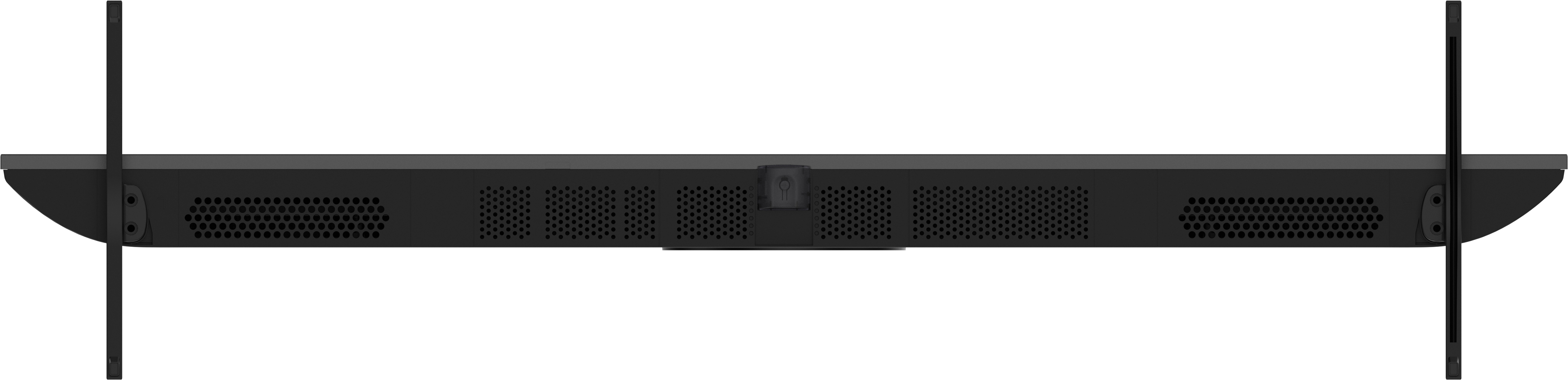 Eine schwarze Soundbar mit Kamera, montiert mit zwei schwarzen vertikalen Stangen, vor weißem Hintergrund.