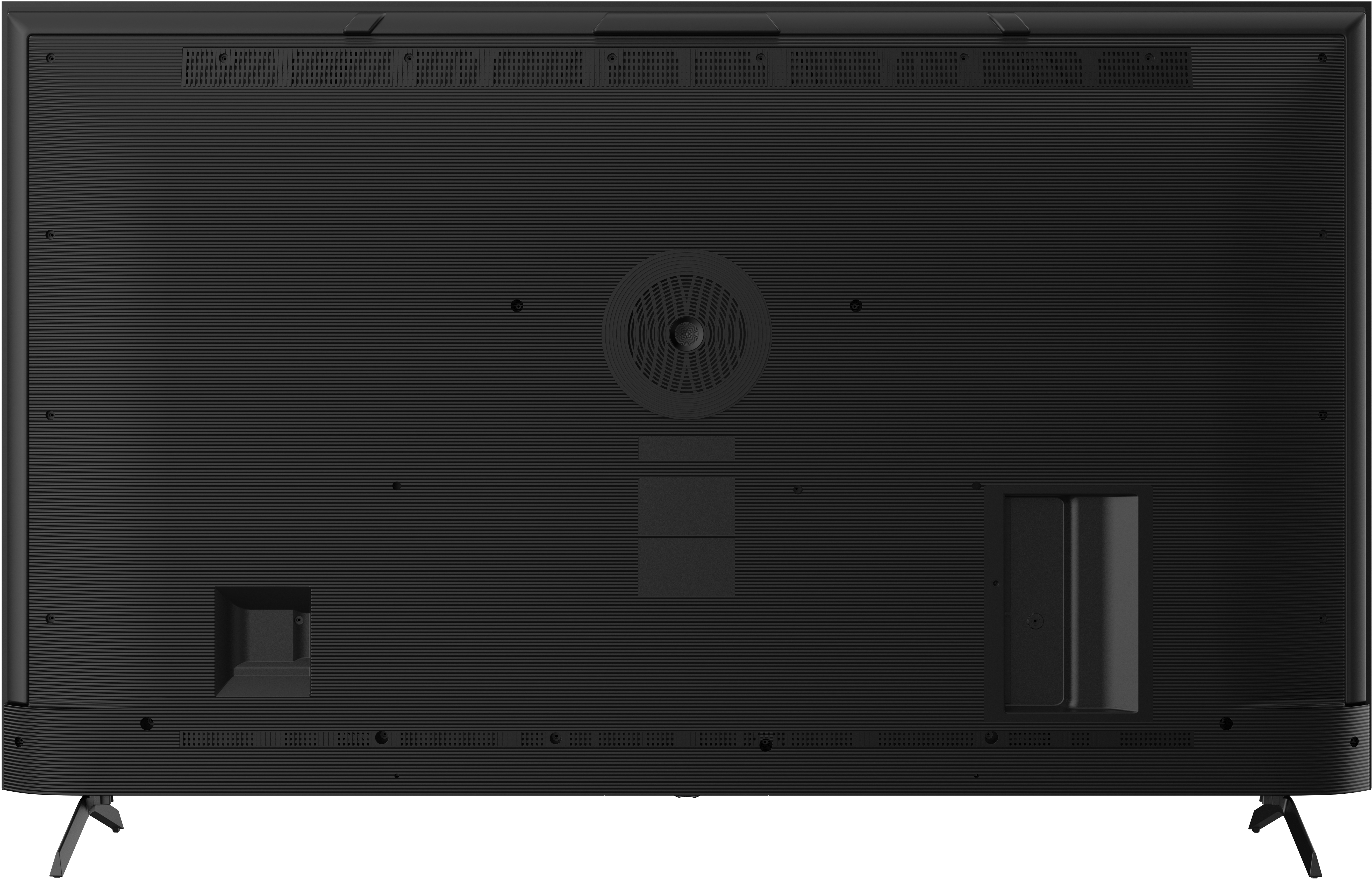 L'arrière d'une télévision noire. Il comporte des évents, des ports et un design de haut-parleur circulaire.