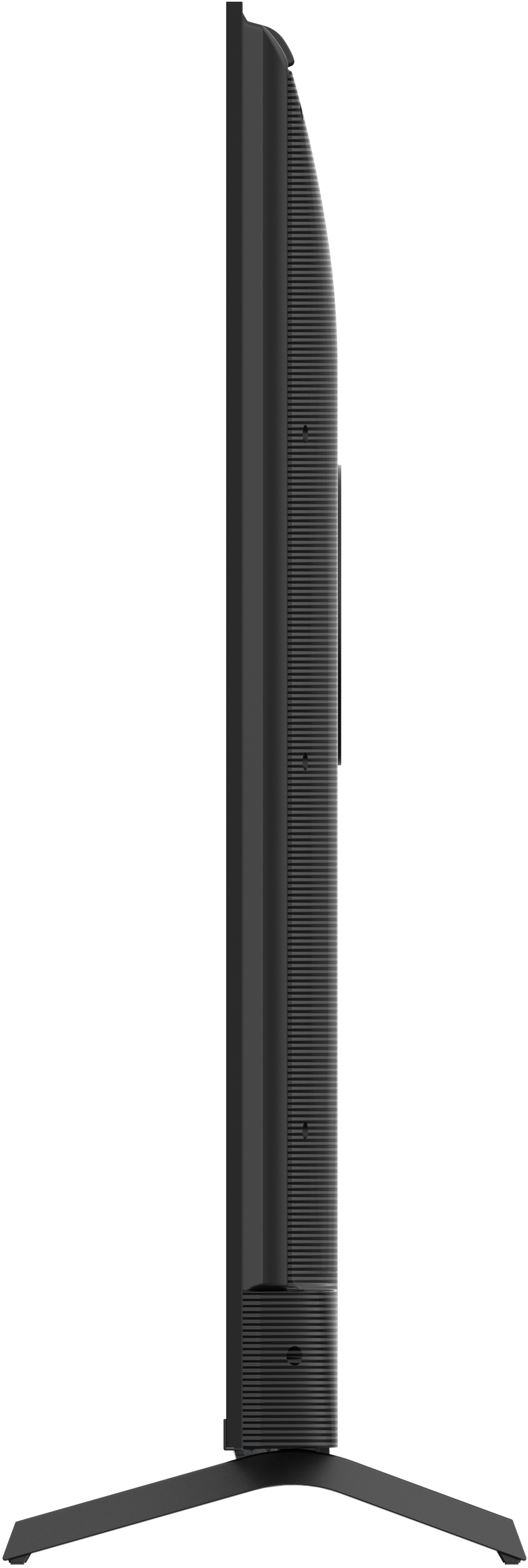 Vue latérale d'une télévision noire avec un pied. L'écran est fin et le dos a un design texturé.
