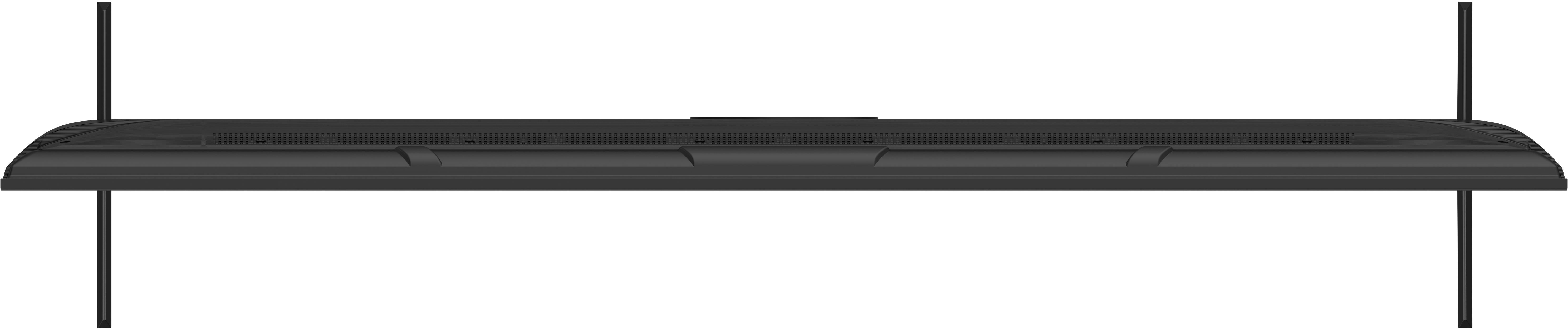 Un luminaire rectangulaire noir est suspendu par deux tiges noires. Fond blanc.