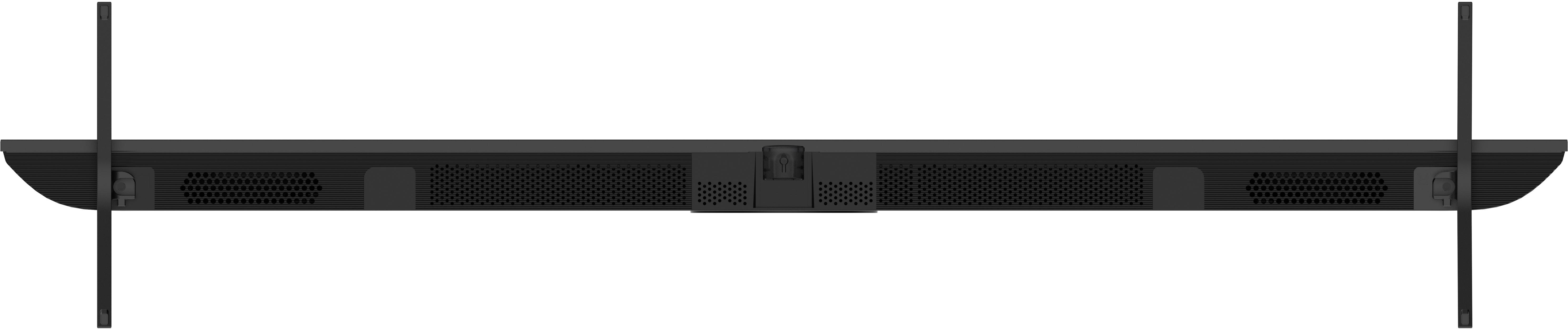 Une barre de son noire avec deux supports noirs. La barre de son a un haut-parleur en mesh et une section centrale. Les supports sont de chaque côté.