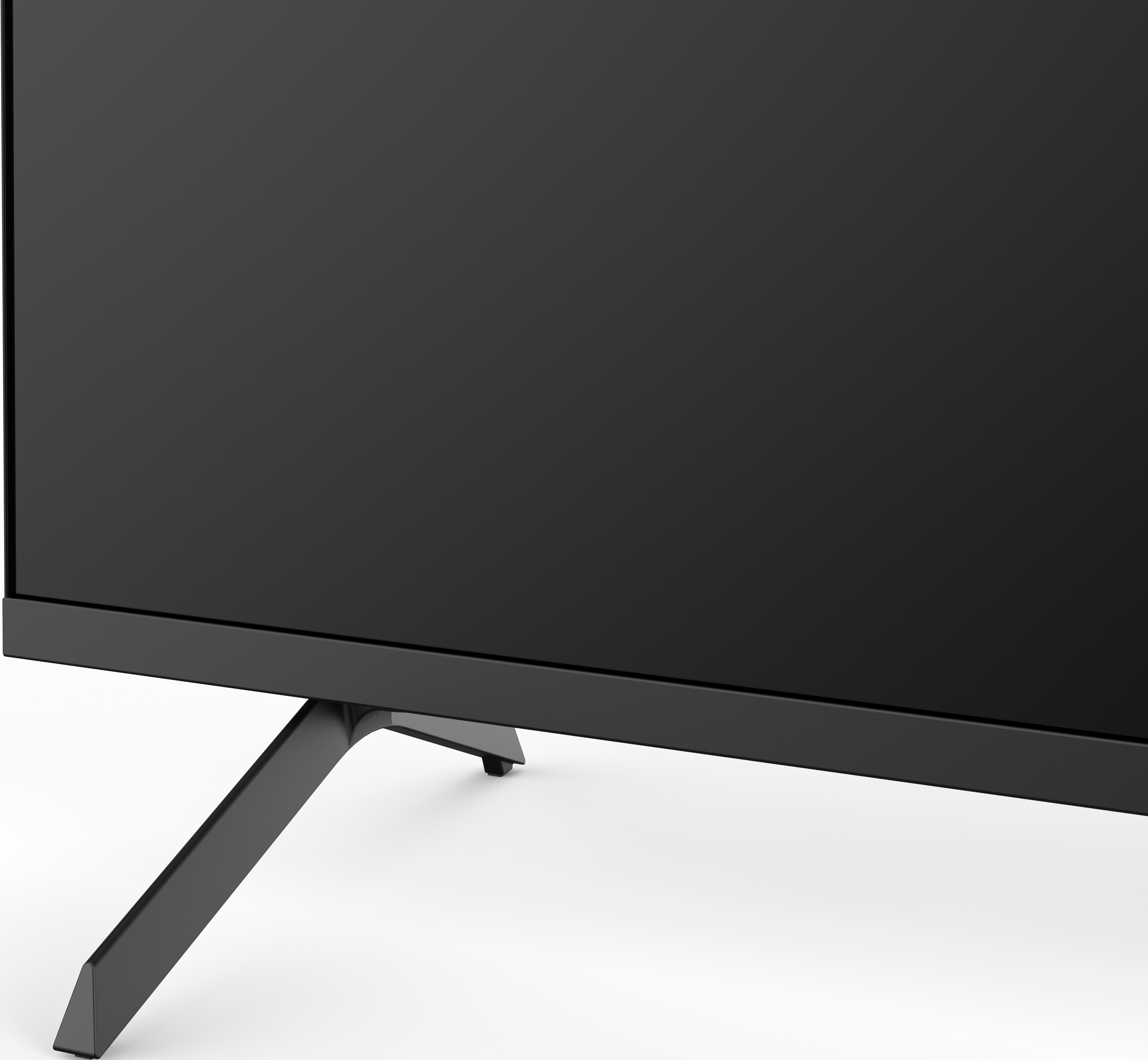 Un écran de télévision noir avec un pied noir sur fond blanc. Le pied a deux pieds.