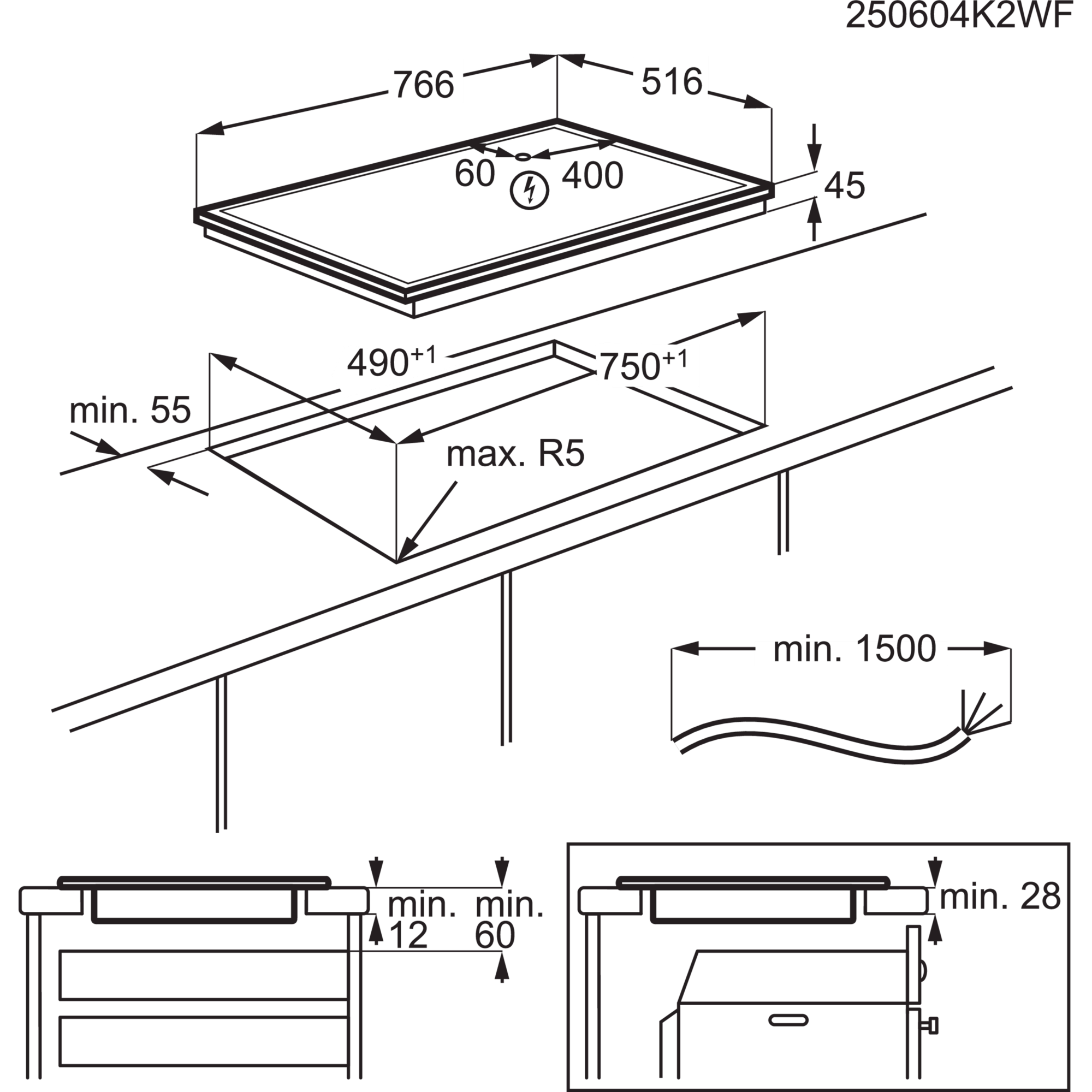 Diagramm eines Kochfelds mit Abmessungen in Millimetern. Enthält Messungen für Breite, Tiefe und Ausschnittsgrößen.