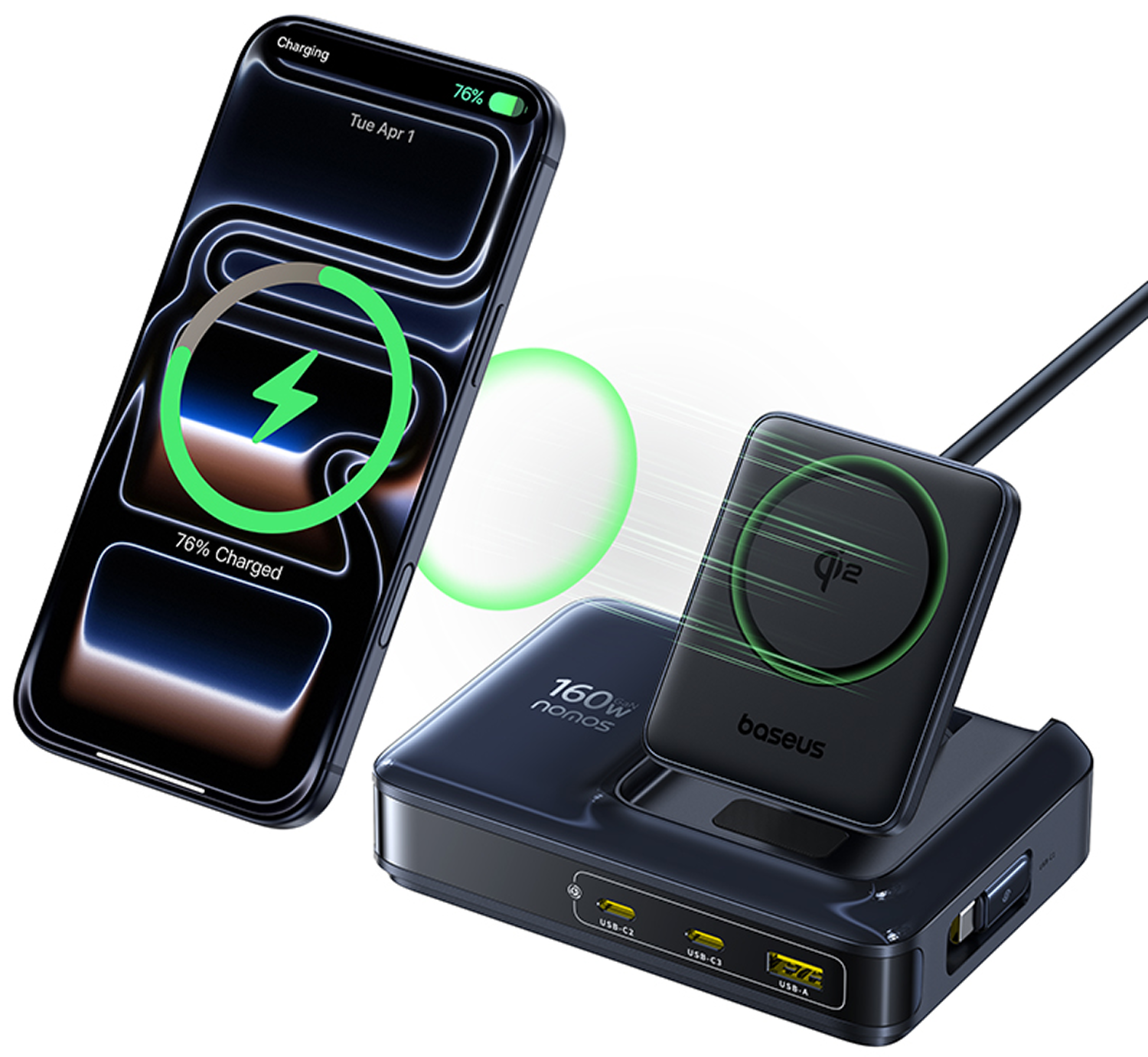 Teléfono cargando de forma inalámbrica en un cargador Baseus. El teléfono muestra 76% cargado. El cargador tiene múltiples puertos USB.