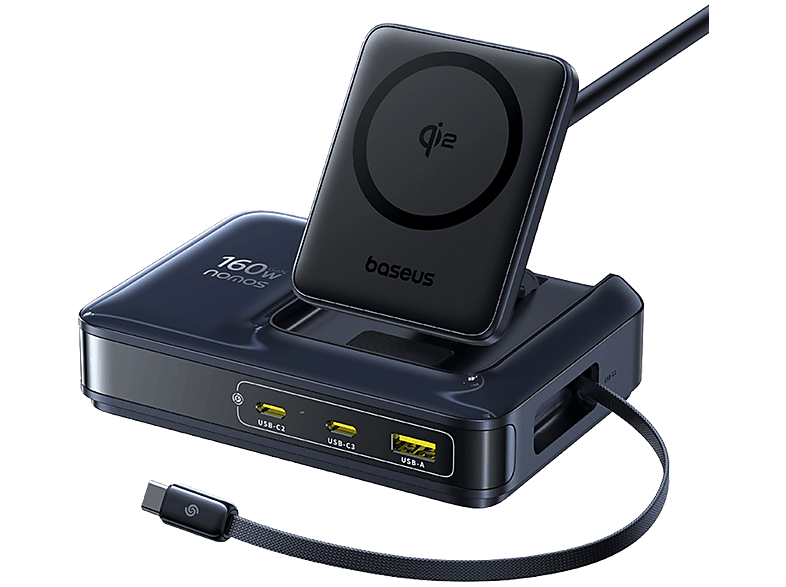 REACONDICIONADO Seminuevo Muy bueno Docking Station - Baseus Nomos NH21 4-en-1, Universal, Tipo‑C, USB y Qi2, Carga inalámbrica simultánea