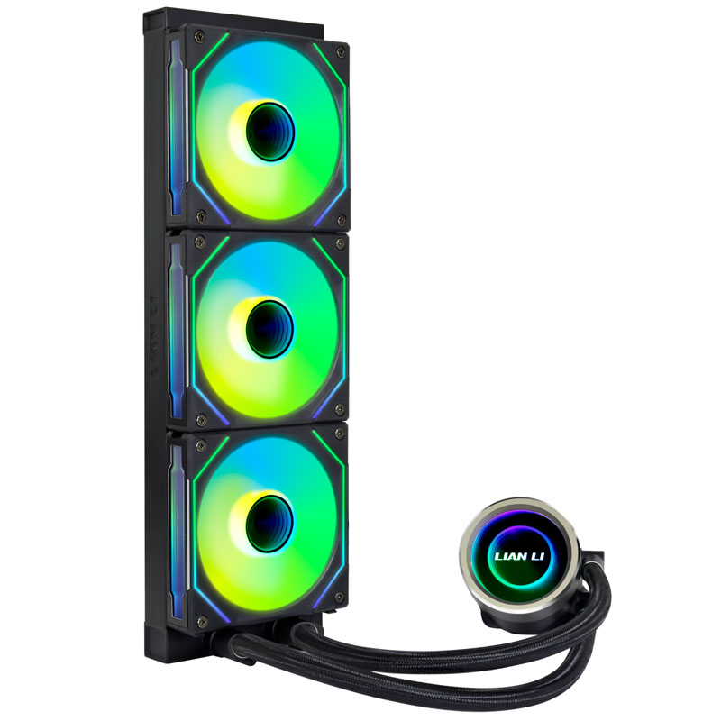 PC-Flüssigkeitskühler mit drei vertikal gestapelten RGB-Lüftern und einer runden Pumpe mit Lian Li-Logo. Schwarze Schläuche verbinden sie.