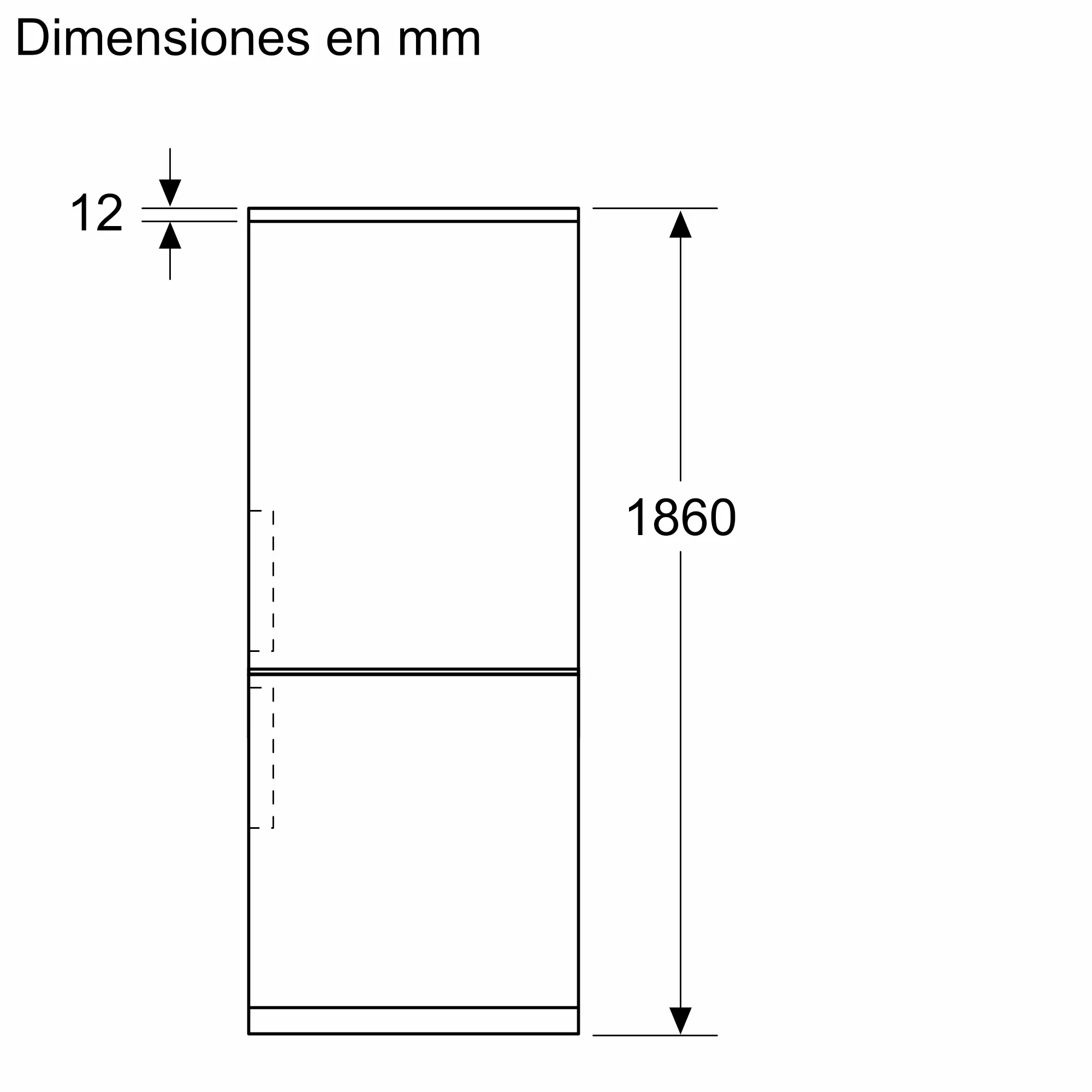 Diagrama de refrigerador con dimensiones: 12 mm ancho, 1860 mm alto. Texto: Dimensiones en mm.