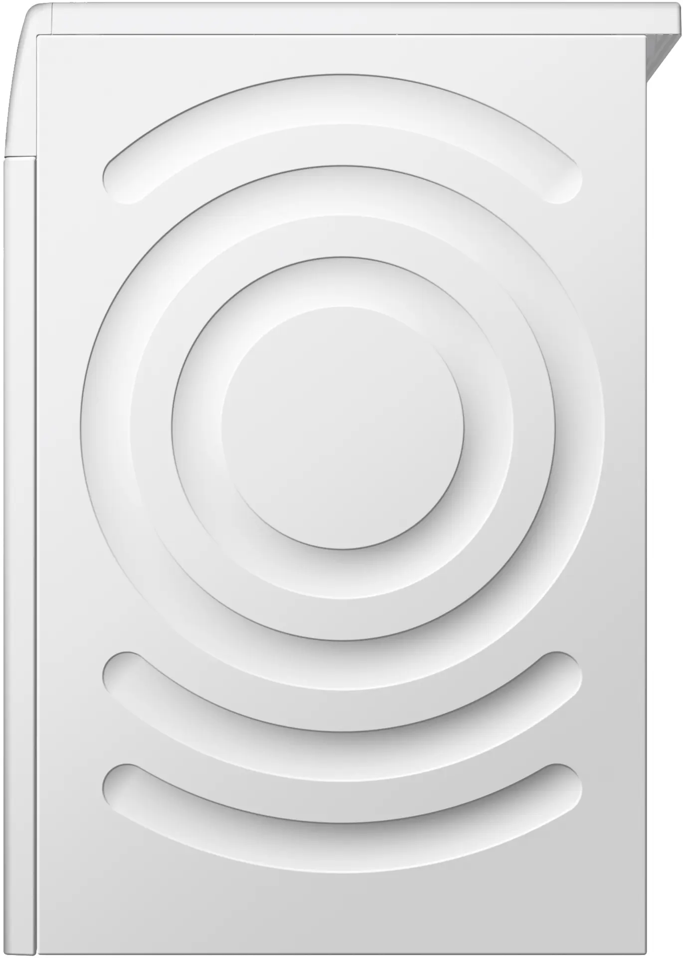 Una puerta blanca de lavadora con hendiduras curvas y círculos concéntricos, creando un diseño texturizado.